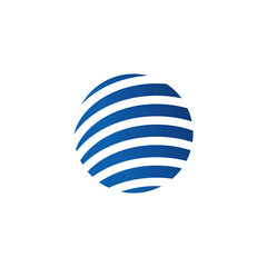 Abstract blue sphere logo with dynamic flowing stripes symbolizing a global network, communication, and technological innovation