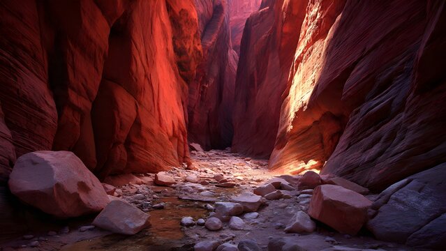 Narrow red sandstone slot canyon walls curving gracefully in southern Utah, sunlight piercing from above to illuminate swirling striations and shallow clear pools