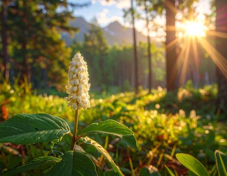 Veratrum flower in a forest meadow bathed in golden light, capturing serene nature