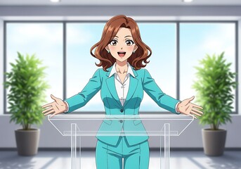 Confident businesswoman anime character welcoming the audience at a professional podium.