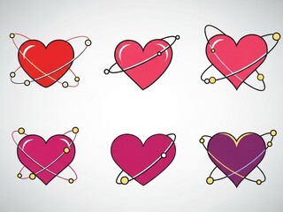Set of six stylized heart icons with orbiting lines and small yellow dots representing love, romance, or connection