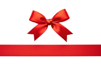 Vibrant red satin ribbon in a perfect neat bow with a matching strip below, isolated on crisp white with ample copy space. Concept of gift-giving and celebration