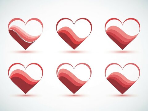 Set of six stylized red heart icons with wavy internal design elements, perfect for love and romance themes