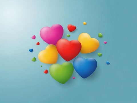 Collection of colorful 3d hearts floating on a light blue background for love and romance concept