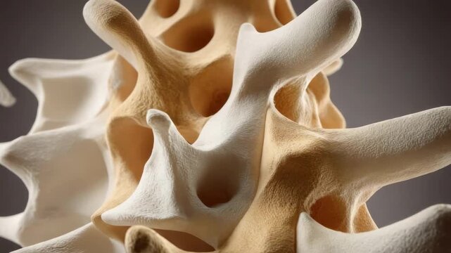 Close-up of spinal vertebrae, the white bones with interlocking projections and holes.