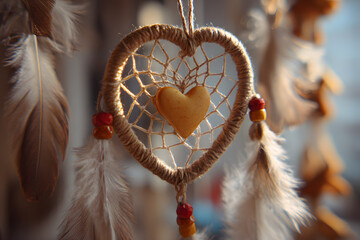 a heart shaped dream catcher hanging from a string