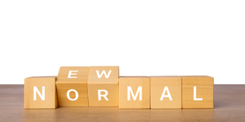 Wooden blocks with new normal text for lifestyle change concept, isolated on transparent background