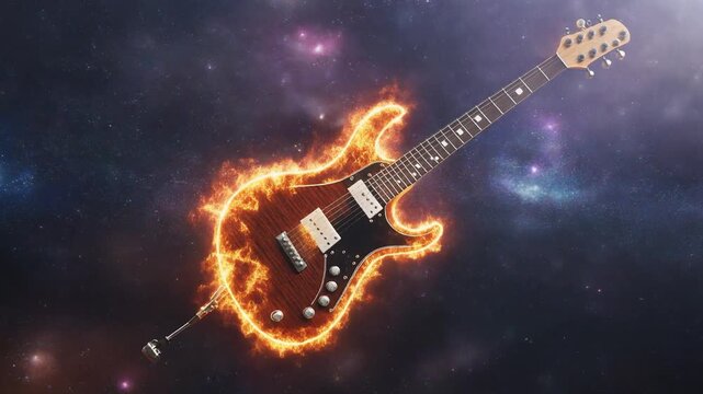 Fiery Electric Guitar Burning with Flames in a Cosmic Galaxy Background