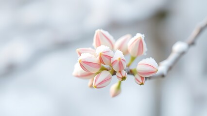 dogwood. Dogwood flower buds covered in fresh snow on a white background. gardening catalogs, home-decor guides, designed for home decor and floral branding, used by fitness trainers.