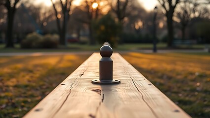 fulcrum. Wooden seesaw in a peaceful park at golden hour, showing perfect equilibrium. event key visuals, club posters, designed for sports event promotions and stadium branding.
