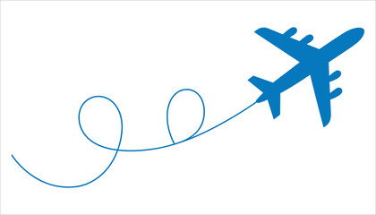 Blue airplane silhouette flying on a white background with a looping flight path aircraft travel
