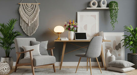 Design home interior of living room with stylish chair and wooden desk, plants, flowers, table lamp, mock up poster frame, macrame and elegant accessories. Stylish home decor. Template. Gray walls