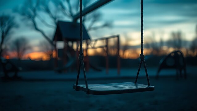 swing. An empty swing moving in the wind at an abandoned playground at dusk. wellbeing guides, coaching materials, designed for mental health education and mindfulness programs, supports wellbeing.