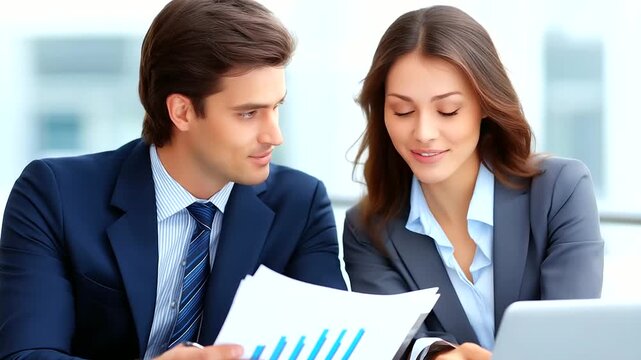 A manager and an employee, having a performance review, looking at a printed report with charts, formal meeting, professional, constructive, in the style of a corporate HR photogra