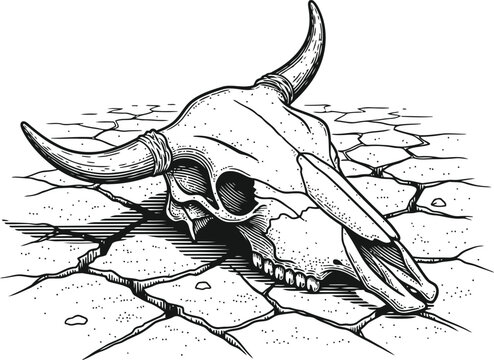 Bull skull resting on cracked dry earth symbolizing drought and desolation