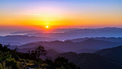 A scenic view of a mountain range at sunset, with a vibrant orange and purple sky. The sun is setting over the mountains, casting a warm glow.