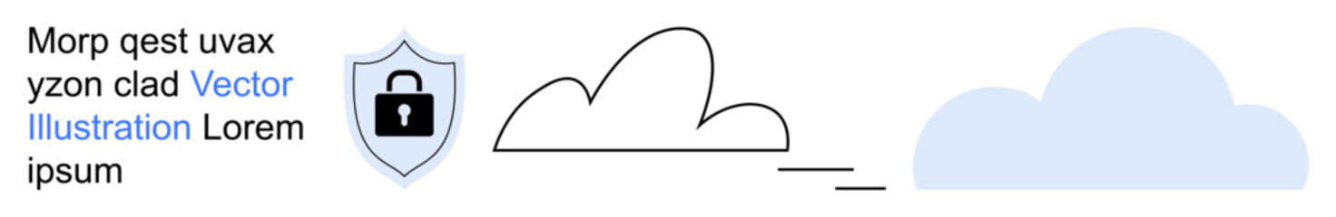 Cloud storage, data protection, cybersecurity, online privacy, secure access, IT systems. Shield with lock, cloud icon. Cloud storage and data protection concept