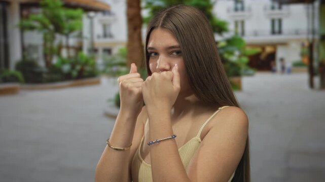 Teenage girl with clenched fists held in front of her face in fighting pose on street; courage determination.