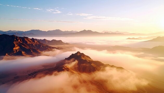 Aerial view of a mountain range partially covered in clouds during sunrise. The sky is clear blue with a warm, golden glow.