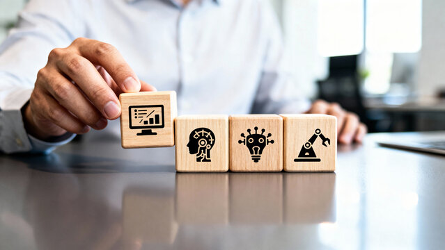 Businessman arranging wooden blocks with innovation, strategy, analytics and idea icons, business development and leadership concept  - Powered by Adobe