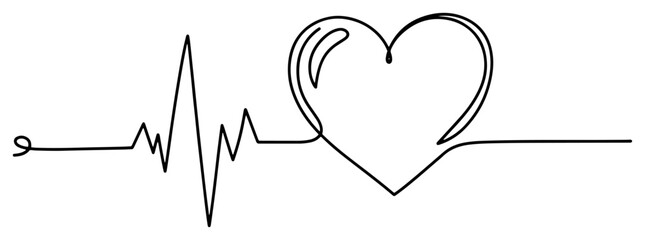 Heartbeat pulse line ending in a heart symbol vector illustration continuous one line drawing of an ECG rhythm and love sign minimalist black sketch