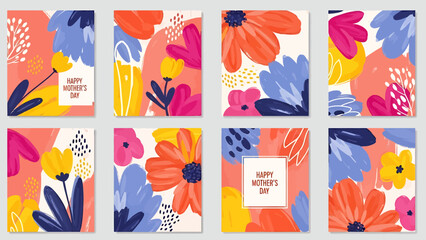 Obraz premium A collection of eight vibrant, abstract floral greeting cards for Mother's Day.