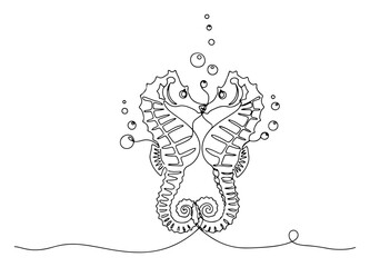 Continuous one line drawing of a pair of cute seahorses facing each other surrounded by air bubbles