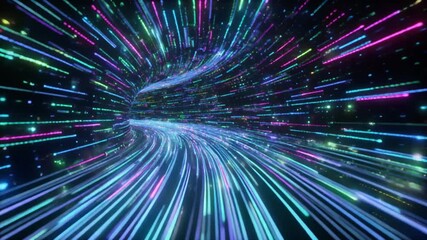 High-Speed Digital Data Flow through a Vibrant Neon Light Tunnel - Powered by Adobe