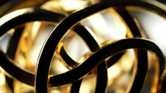 Close-up of interlaced golden curved shapes against dark background.