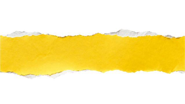 Yellow torn paper strip with rough ripped edge on white background, creative textured element for design and layout  