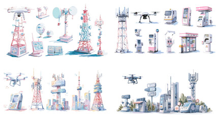 Obraz premium A modern collection of communication towers, satellites, drones, and digital devices illustrated in soft colors, ideal for technology, network, infrastructure, and telecom themes.