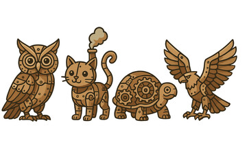 Wooden animal figures styled in steampunk design showcasing an owl, cat, turtle, and eagle in a fantastical arrangement