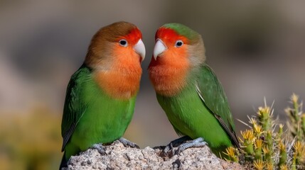 Obraz premium Two colorful rosy-faced lovebirds are perched closely together, showcasing their beautiful plumage. Surrounded by a rocky landscape, they enjoy a peaceful afternoon in nature