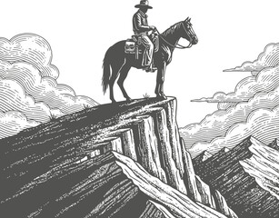 Cowboy on horseback standing on a precipice with clouds in a western landscape