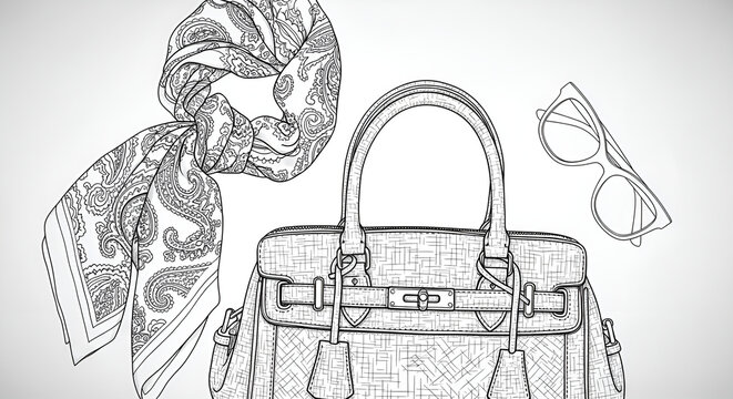 Outline sketch illustration of luxury fashion accessories including a handbag, scarf, and sunglasses, isolated on white background