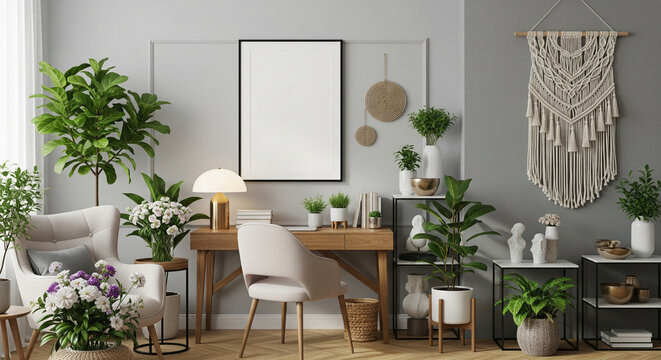 Design home interior of living room with stylish chair and wooden desk, plants, flowers, table lamp, mock up poster frame, macrame and elegant accessories. Stylish home decor. Template. Gray walls - Powered by Adobe