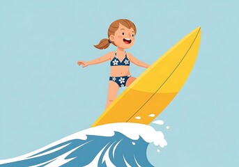 Happy young girl rides big ocean wave on yellow surfboard.