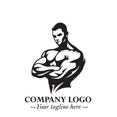 Man With Muscle Logo Symbol in Black on White Background for Strong Bold Fitness Branding Design Art
