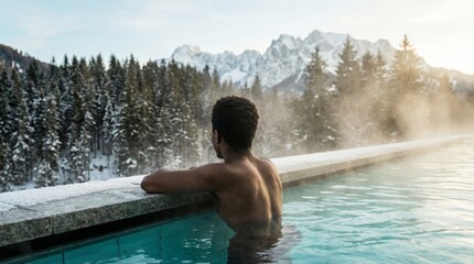 African american man relaxing in a steaming outdoor spa pool with a view of snowy mountains and pine forest, symbolizing winter relaxation at a luxury wellness hotel. Copy space