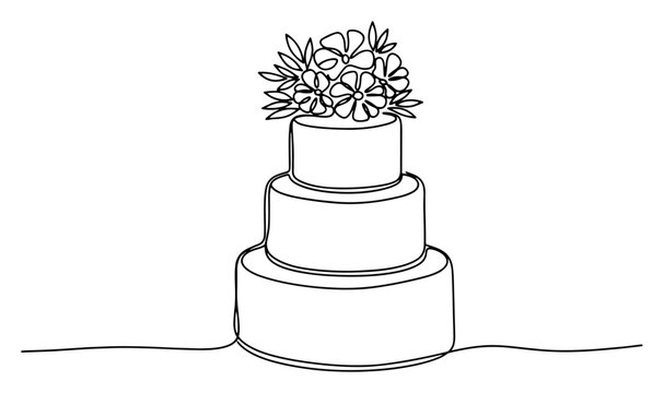 Continuous one line drawing of a tiered wedding cake topped with flowers minimalist vector illustration for birthday or anniversary celebration