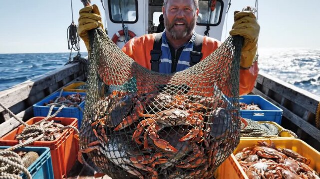 Fisherman holding catch of crabs on boat deck commercial fishing industry