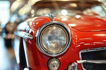 Close up of a gleaming red vintage car's headlight, reflecting the bright lights of a showroom, showcasing its timeless elegance