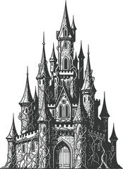 Fototapeta premium Dark gothic castle silhouette featuring towering spires isolated on black background