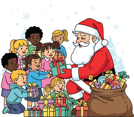 Santa Claus joyfully giving gifts to children, spreading holiday cheer and creating magical Christmas memories for a season filled with joy and wonder