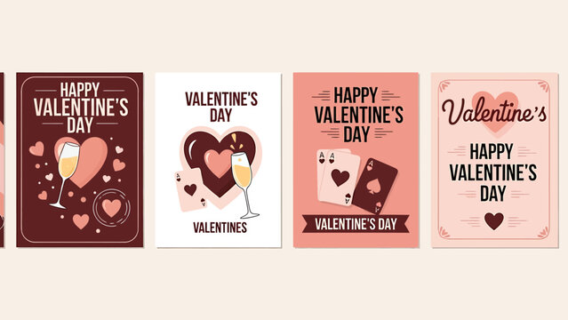 A collection of four illustrated Valentine's Day greeting cards with hearts, playing cards, and champagne glasses.