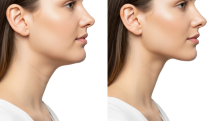 Close-up split view of young caucasian woman's lower face and neck, before (double chin) and after (sharp jawline) aesthetic transformation on white studio background, clinical results concept