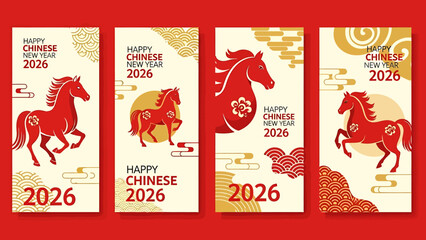 Four vertical banners with red horses, Chinese New Year greetings, and the year 2026 on a red background.