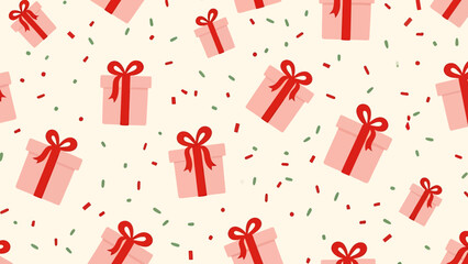 A seamless pattern of pink gift boxes with red ribbons and colorful confetti on a light background.