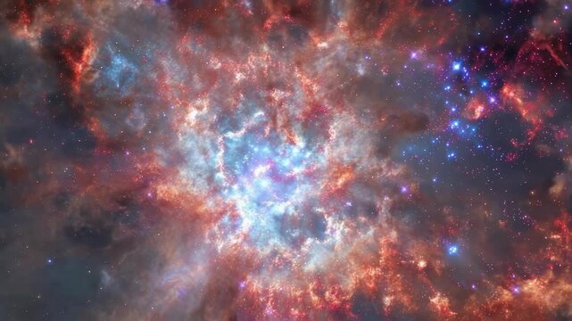 Colorful interstellar nebula with glowing blue center, red gas, and bright newborn stars.
