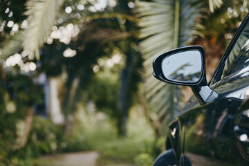 Car side mirror closeup on a black car parked by tropical palm trees, reflection of greenery in glossy paint, late afternoon light and bokeh background suggesting travel and relaxed weekend drive.